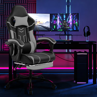 Gaming Chair With Ergonomic Design, Lumbar , Massage Pillow, Adjustable 90 - 135, 360 Rotating Wheels, Black Gray Leather Finish Curved Massage, Retractable Footrest