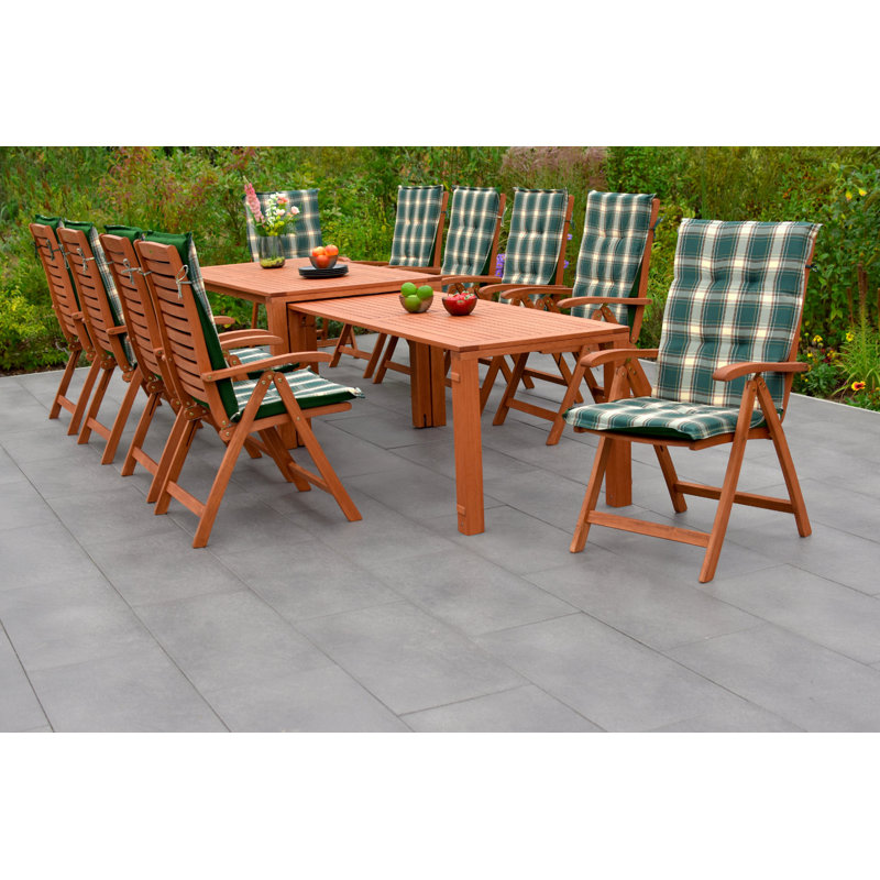 Meservey 10 - Person Wood Patio Dining Set with Extendable Rectangular Table , Cushions Included