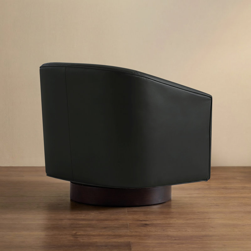 27.6" Wide Upholstered Swivel Barrel Chair with Solid Wood Base, Black