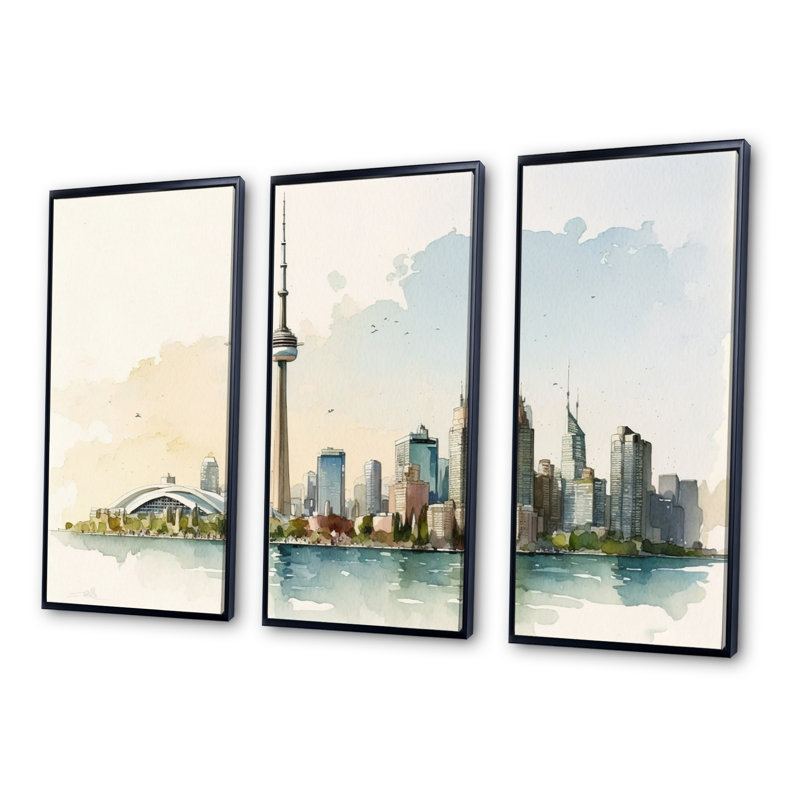 Toronto Skyline II - 3 pièces sur toile, Cadre flottant noir, H 28 po x l 36 po x P 1 po