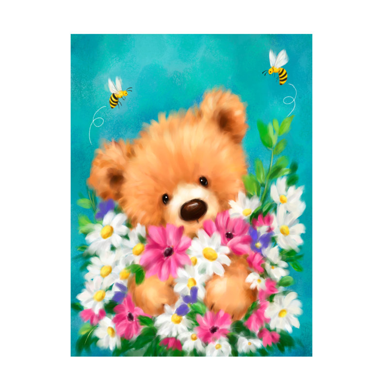 Art sur toile «bolologia», ours avec fleurs 4, H 35 po x l 47 po