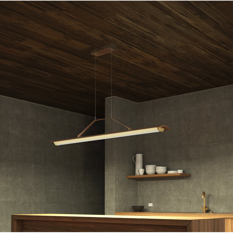 Luminaire suspendu géométrique à 1 lumière Penna, H 7,7 po x l 40,5 po x P 2,3 po, Laiton vieilli, noyer de teinte foncée
