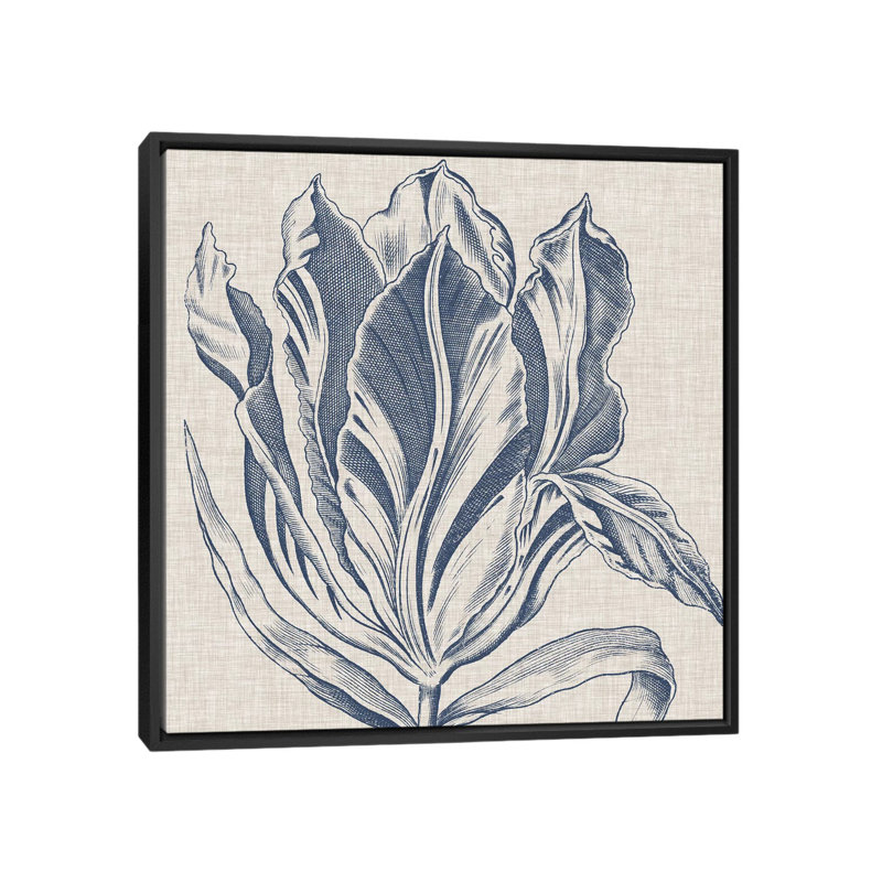 « indigo floral on linen i », reproduction de dessin sur toile tendue, H 18 po x l 18 po x P 1,5 po, Toile avec cadre noir