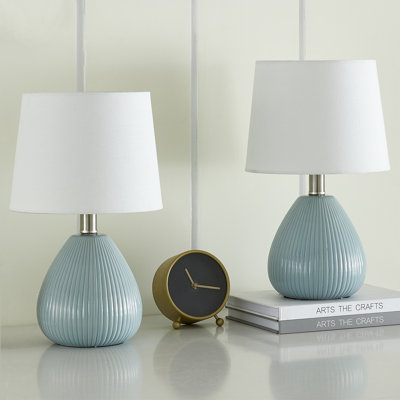 Novack 14.5" Modern Blue Ceramic Bedside Table Lamp Set with White Linen Shade for Bedroom, Living Room and Study