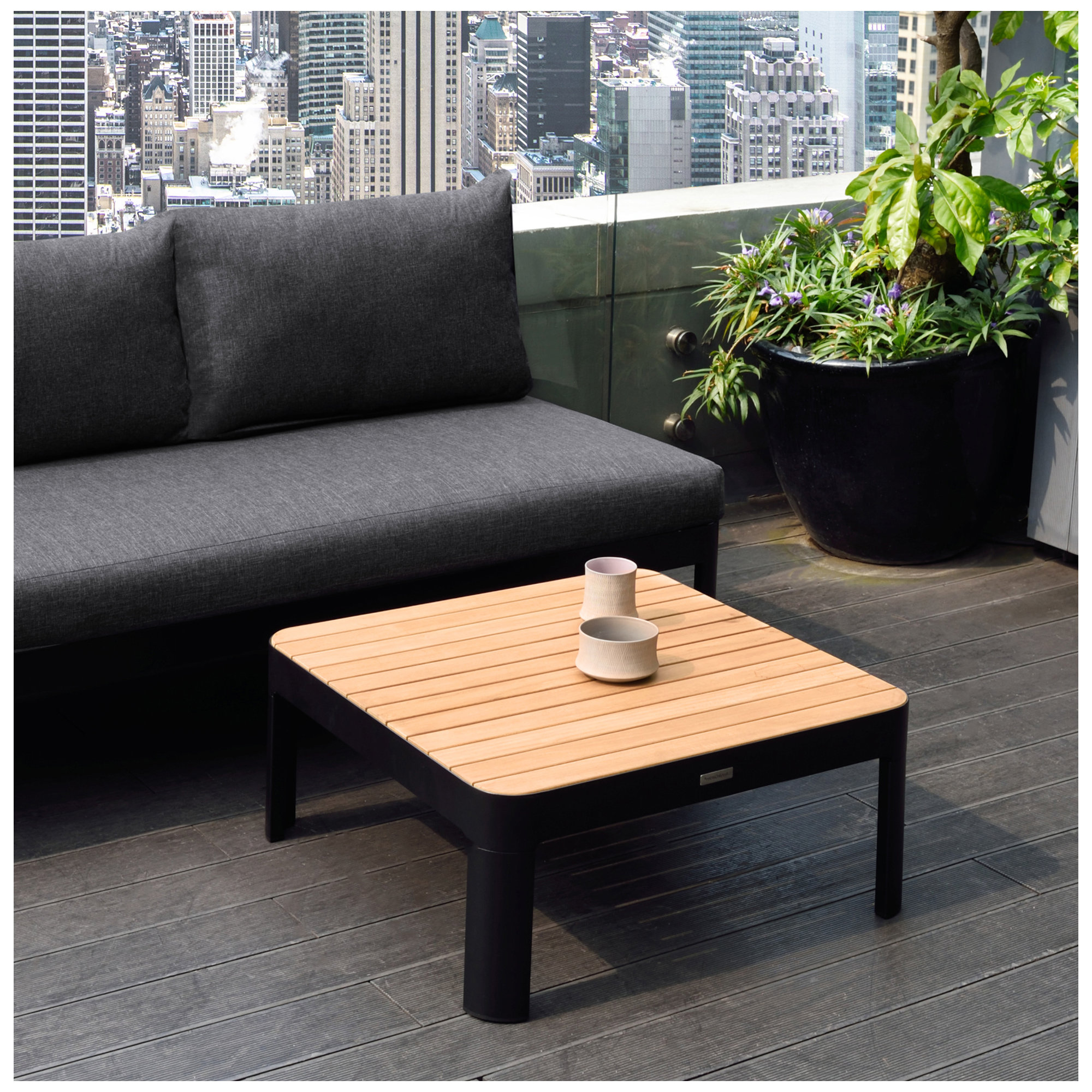 Brix Teak Patio Coffee Table, Oak, Black 2, 28.2" W x 28.2" L x 12.8" H