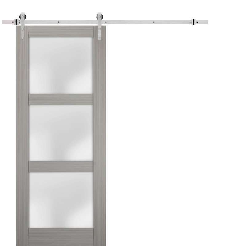 Porte de grange en verre givré Lucia avec quincaillerie d'installation, 36 po x 84 po, Bois de frêne gris, Acier inoxydable