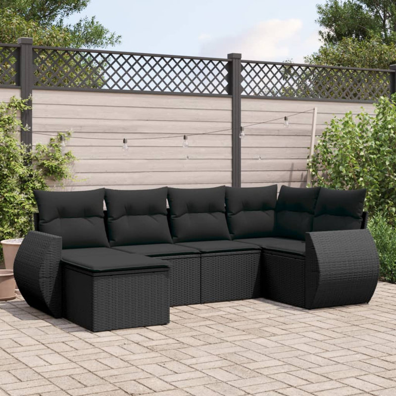  Ensemble de canapé de jardin en rotin PE noir, acier thermolaqué, polyester, Noir, Noir