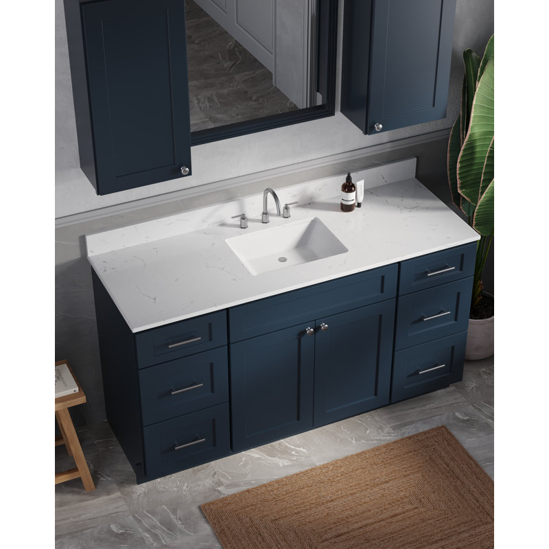 Meuble-lavabo simple 60 po avec comptoir en quartz de Carrare, armoire murale, Bleu