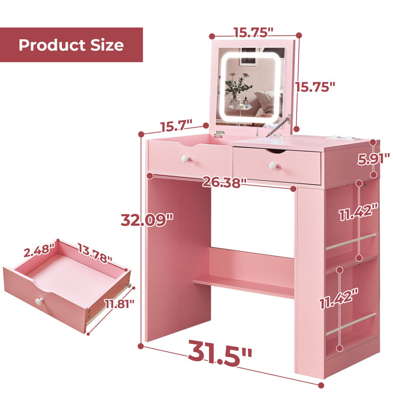 Coiffeuse Yenitza avec miroir éclairé et station de charge, Rose