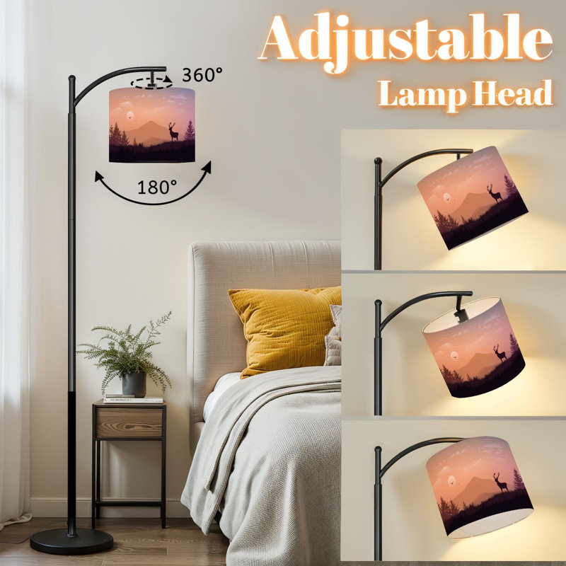 Lampe sur pied à arc avec abat-jour réglable, paysage de montagne, cerfs, oiseaux, soleil, silhouette, chasse, lampe sur pied, 3 températures de couleur, intensité variable, grand mât avec interrupteur au pied pour la chambre à coucher