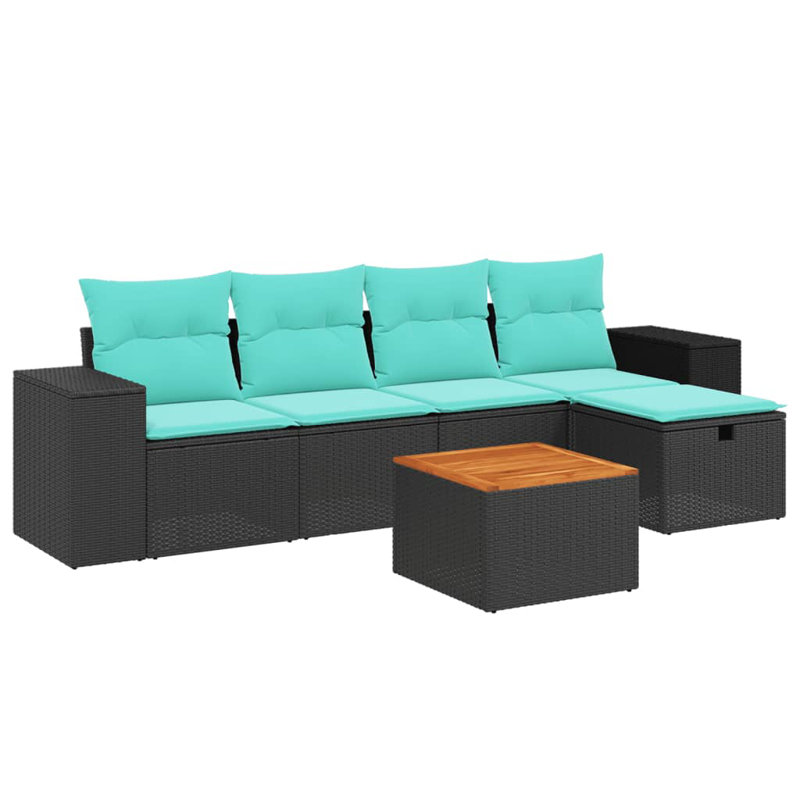  Ensemble de canapé de patio 6 pièces avec coussins en rotin de polyester noir, Bleu clair, Noir