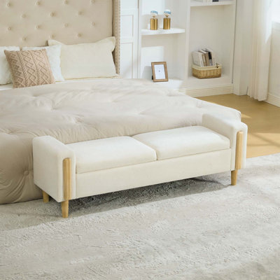 65.67 Inch Wide Modern Chenille Upholstered Storage Bench with Double Lids, Armrests, and Rubberwood Legs for Versatile Use