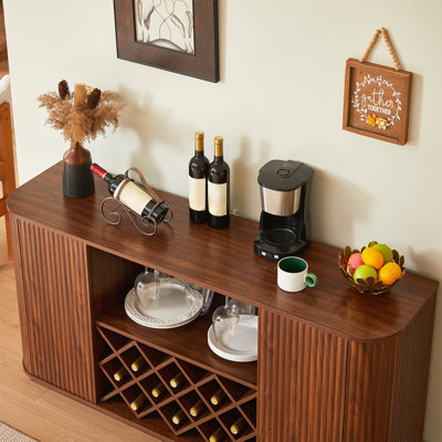 58" Modern Wavy Curve Sideboard-Multifunctional Storage Cabinet With Wine Rack And Glassware Holder, Adjustable Shelves For Wine Storage And Coffee Bar, Suitable For Kitchens And Dining Rooms.Walnut