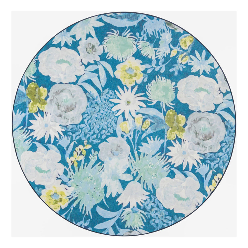 Navy Blue Round Floral Synthetic Outdoor Rug