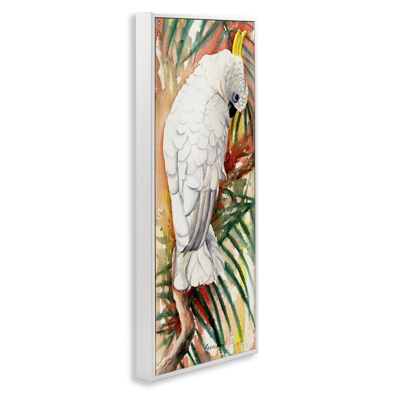 Cacatoès parmi les feuilles, estampe numérique par Christine Reichow, Giclée encadrée blanc bord de mer, H 24 po x l 10 po