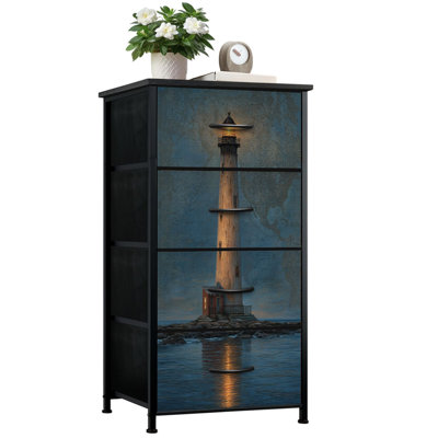 Commode pour chambre à coucher avec 4 tiroirs de rangement Phare avec carte de l'eau et lanternes lumineuses Commode en tissu avec cadre en acier pour vestibule
