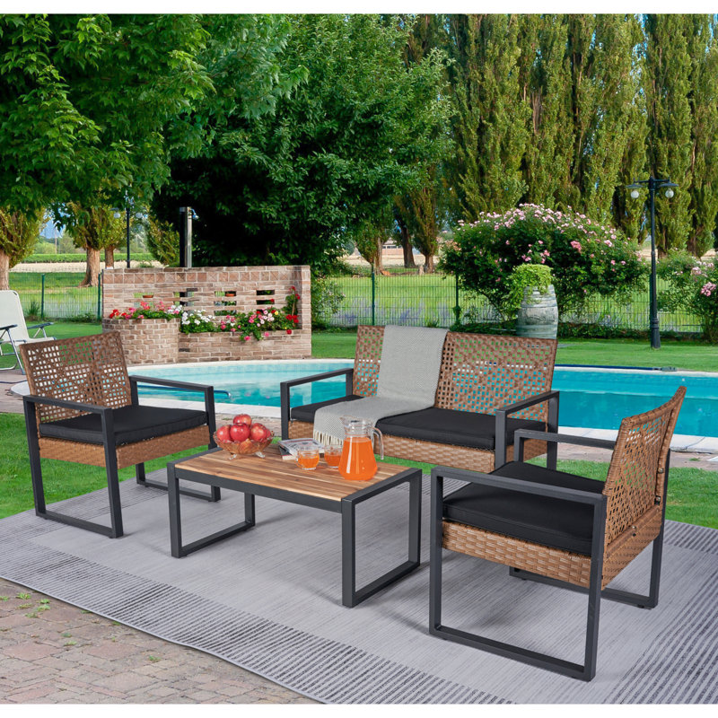 Mobilier de patio moderne 4: table en bois, brun, chaises de grande capacité 4: plateau de table, coussins durables