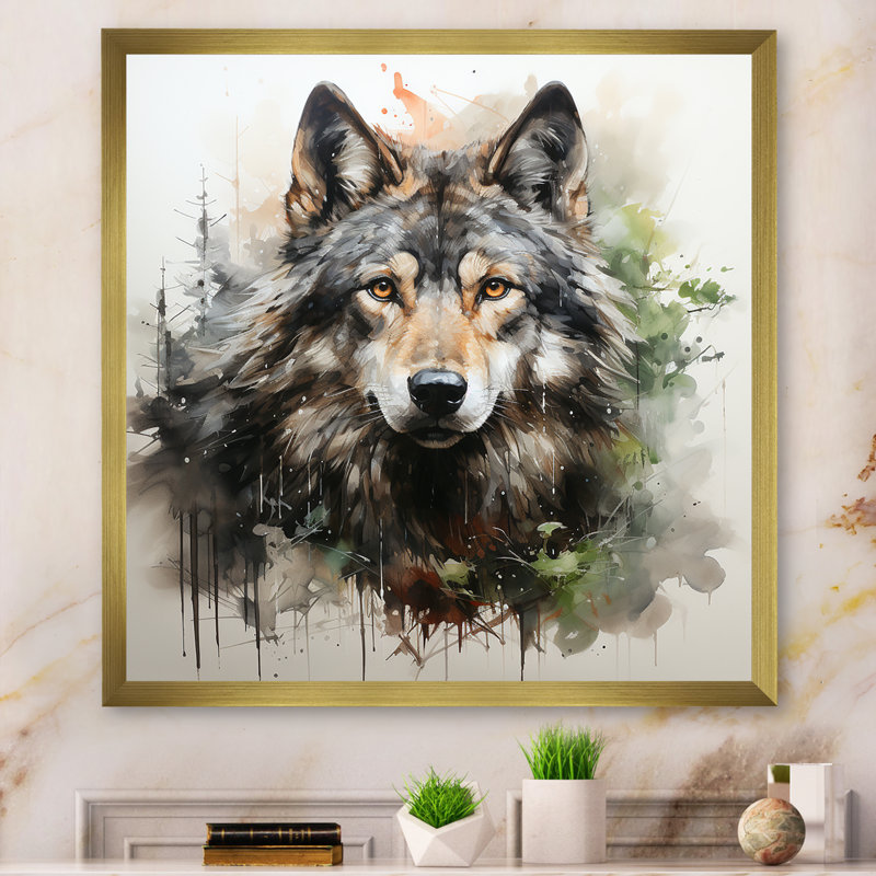 Solitude, portrait de loup II - loup grand, art mural, Cadre doré simple, H 16 po x l 16 po x P 1 po