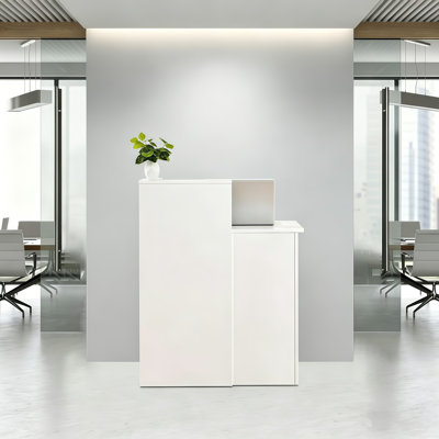 Bureau de réception blanc moderne avec tiroirs verrouillables, trou de gestion des câbles et comptoir de signature surélevé pour la réception d'entreprise, de détail, d'hôtel ou de restauration