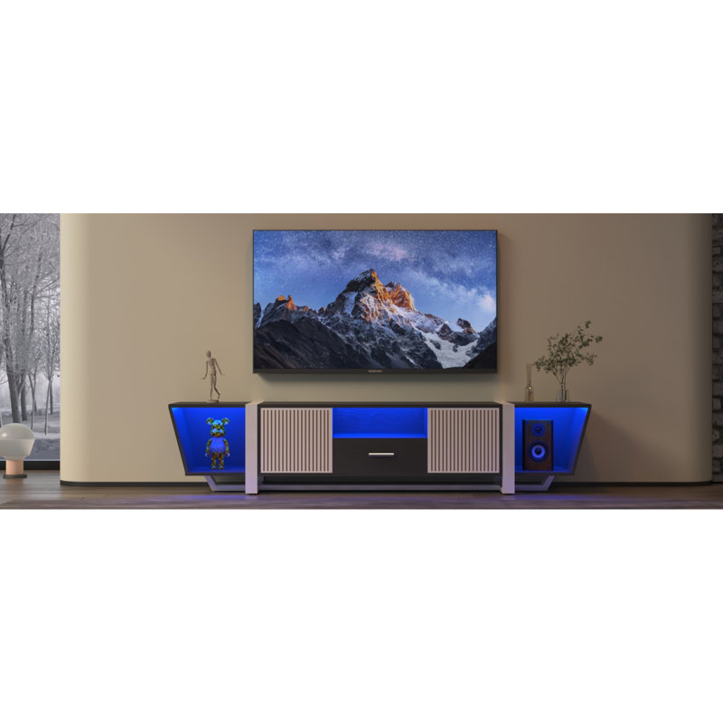 Console de télévision avec rangement de 71,78 po de profondeur et plusieurs lumières DEL multicolores noires en forme de biplane, centre de divertissement moderne pour 60 à 69 pouces