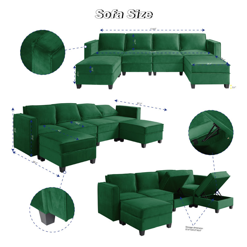 Siège modulaire en velours avec repose-pieds de 114 po Malayiah, Velours vert