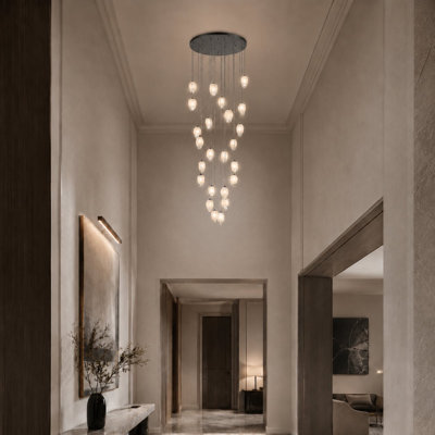 Lustre noir 24 lumières avec pendentifs en verre blanc