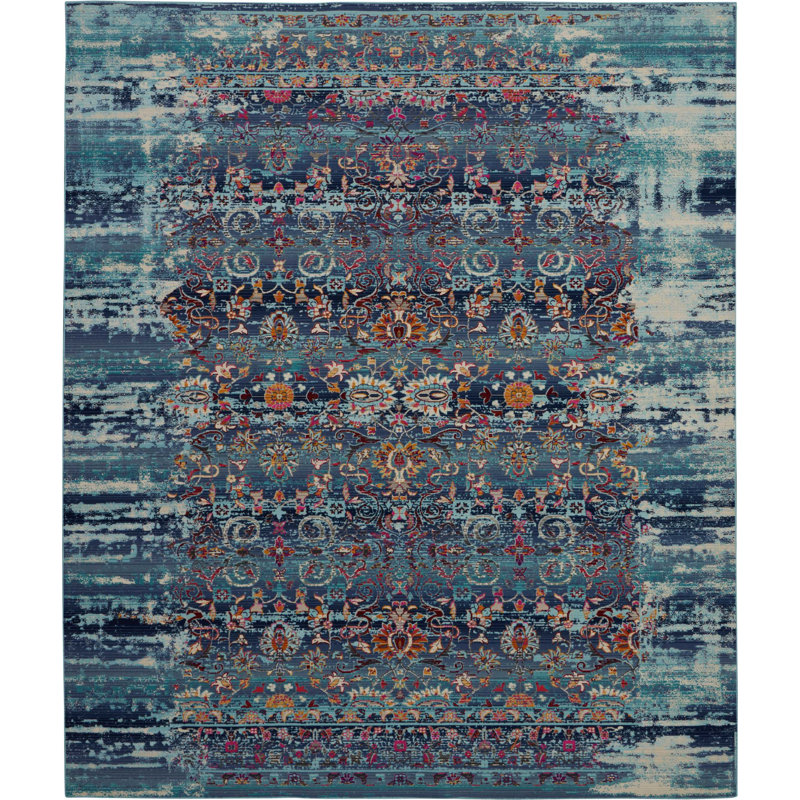 Tapis bleu traditionnel Karey, Rectangle 8 pi 10 po x 11 pi 10 po