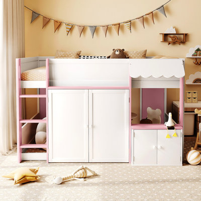 Modern Loft Bed For Teens, White + Pink, With Scalloped Awning And Integrated Storage Pink Full House Bed, Versatile Lower Area Relaxing, Included