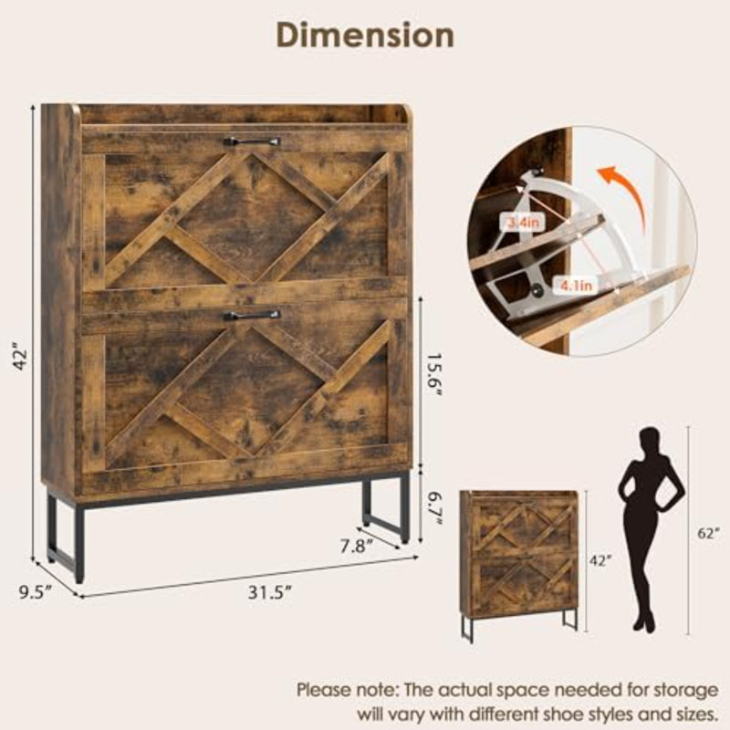Shoe Cabinet Organizer With 2 Flip Drawers, Freestanding Narrow Rack With Metal Legs, Farmhouse Slim Shoe Storage For Entryway, Foyer, Hallway, Rustic Brown