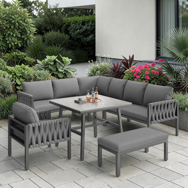 Rynley 238cm Wide L-Shaped Metal Patio Sectional Set, Grey Cushion/Black Frame
