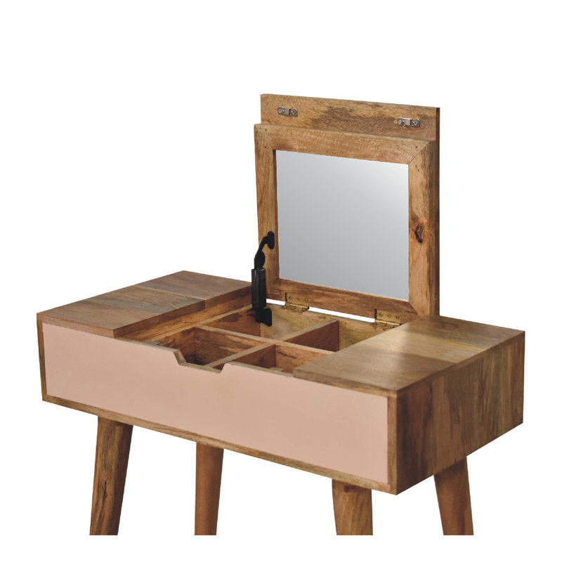 Solid Wood Mini Pink Dressing Table, 4 Compartments, Nordic Legs, Pink And Light Brown