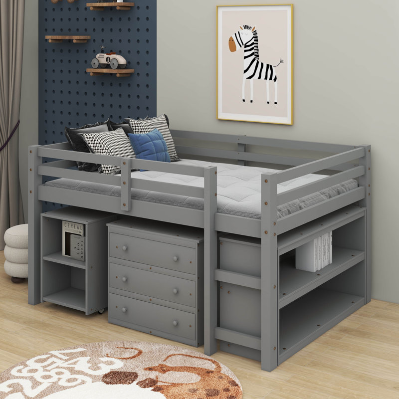 Lit mezzanine double avec armoire, tablettes et bureau