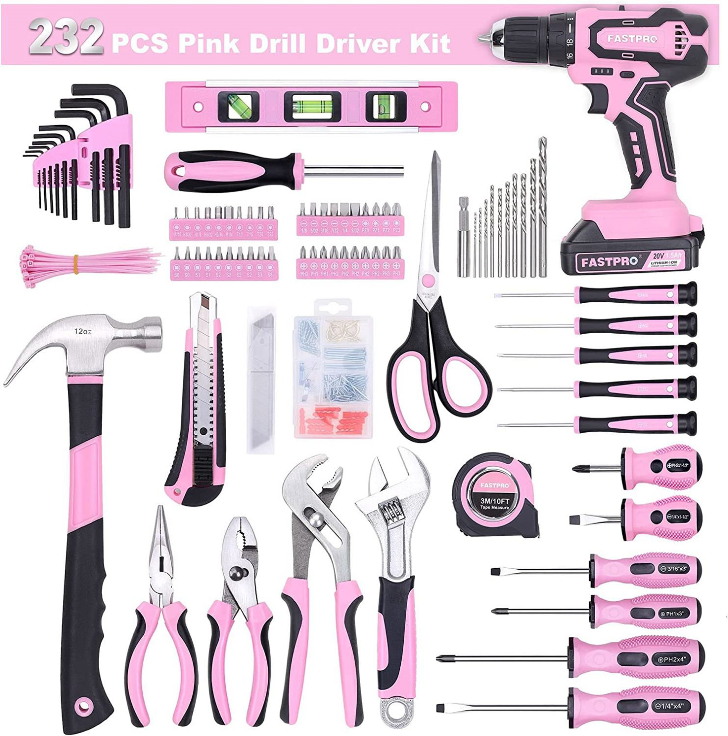 c&g outdoors 14 Pink Tool Set - 207 Piece Lady''s Portable Home Repairing  Tool Bag