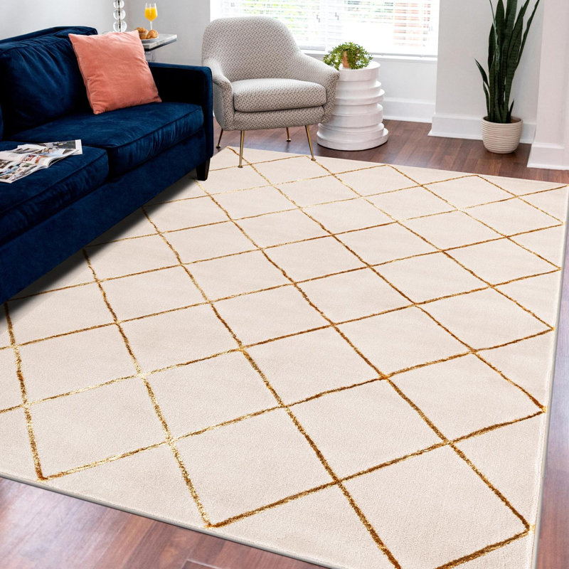 Tapis à carreaux blanc et doré Latitude Run® Nikica, Rectangle 10 pi x 13 pi 1 po