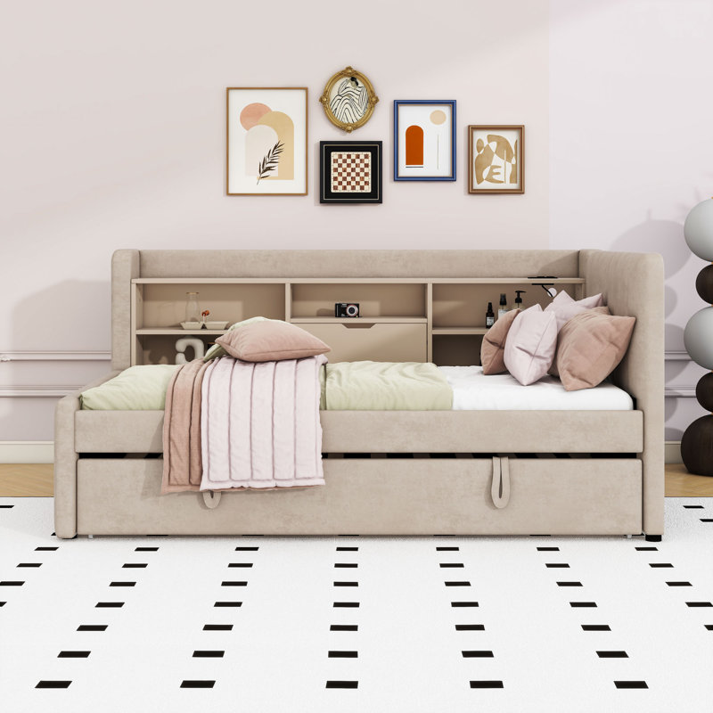 Twin Upholstered Daybed with Trundle, Shelves and USB, Beige