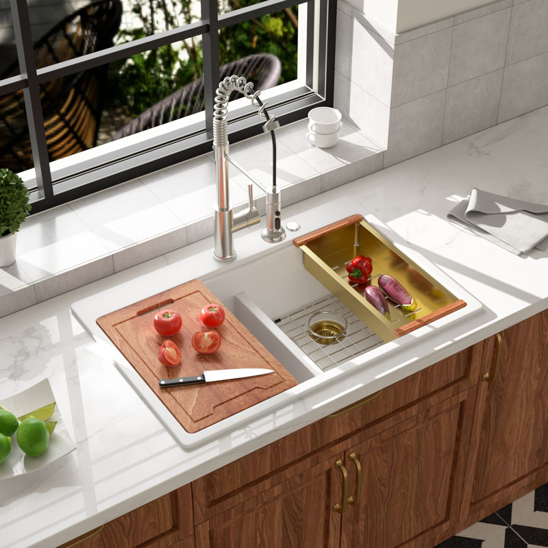 33" L x 22" W Double Bowl Rectangular Top-Mount Workstation Quartz Kitchen Sink Low-divider Granite Composite Sink