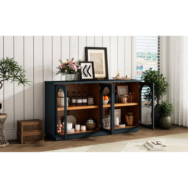 Buffet de rangement - Bleu marine. 4 portes avec portes en verre. Tablettes réglables pour le salon. . Living. Conception élégante. Trou de câble