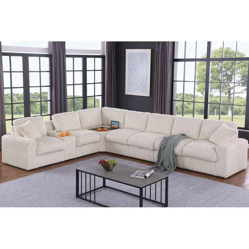Detricia Corner Sectional Sofa With Cupholder Console With A Corner Table With USB Port, Beige Polyester