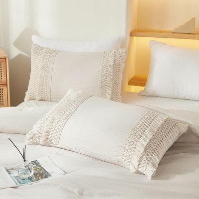 Beige Pillowcases, Macrame Tassel Pillow Cases Set of 2, 100% Washed Microfiber, Cream Decor Tassel Boho Pillow Cover, 2 Pack