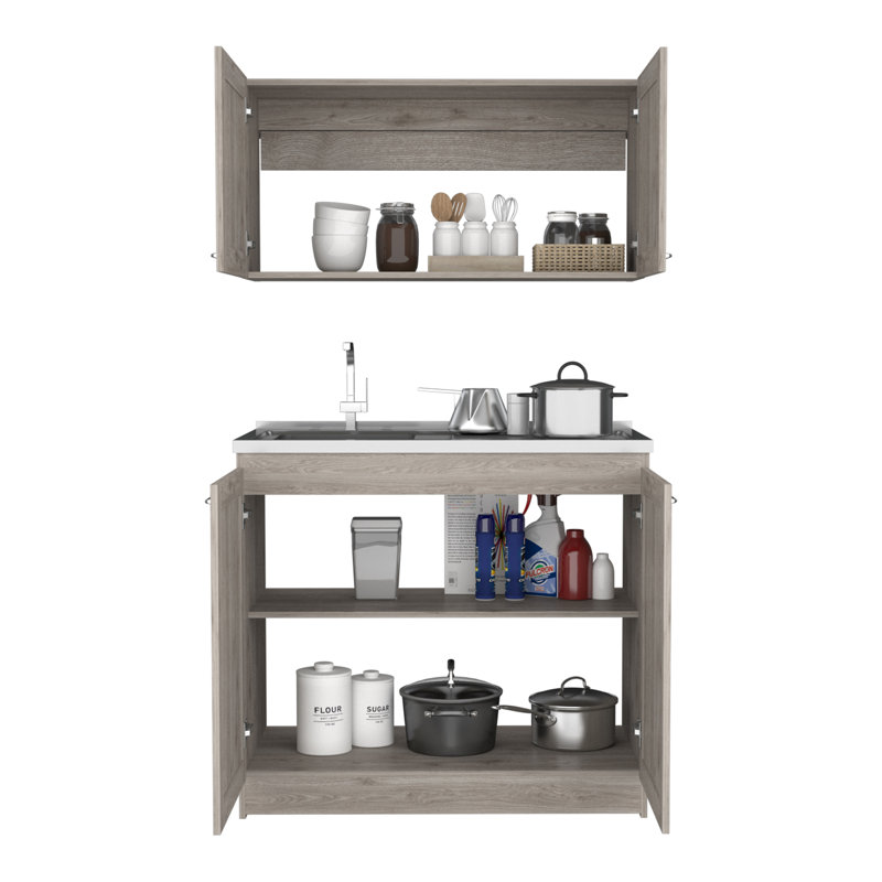 Ashura 2-pc Kitchen Cabinet Set includes Countertop base unit and wall mounted Cupboard, Light Gray
