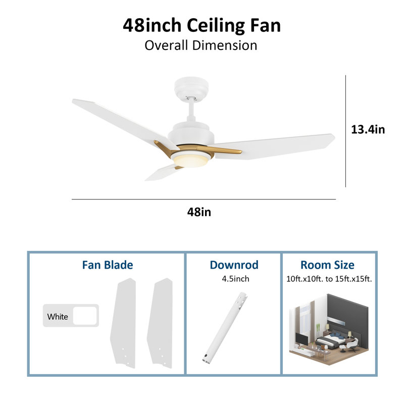 3 - Blade LED Smart Ceiling Fan with Light, White/Gold, 48" H x 5.8" W x 20.8" L