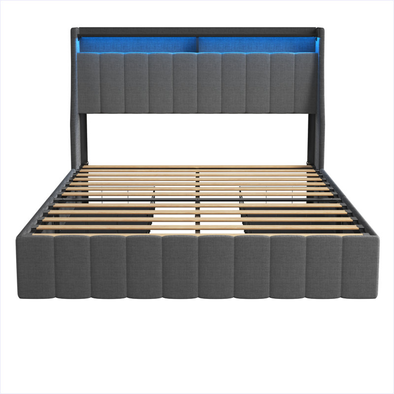 Structure de lit double Graysyn avec DEL, 4 tiroirs de rangement sous le lit, tête de lit à oreilles