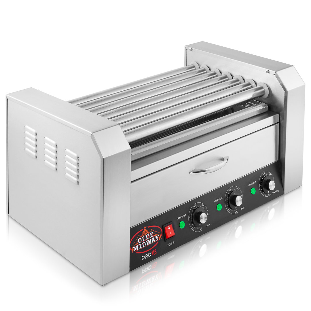 Electric 18 Hot Dog, 7 Roller Grill Cooker with Bun Warmer Olde Midway