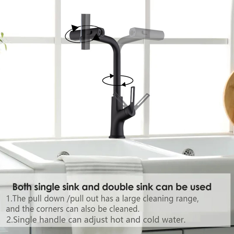 Kitchen Waterfall Faucet With Pull-Down Spray Head, Matte Black, Single Lever, Hot And Cold Water, Three Choices Sink Pull Down , Black Surface, 360 Turning, Handle, Modes