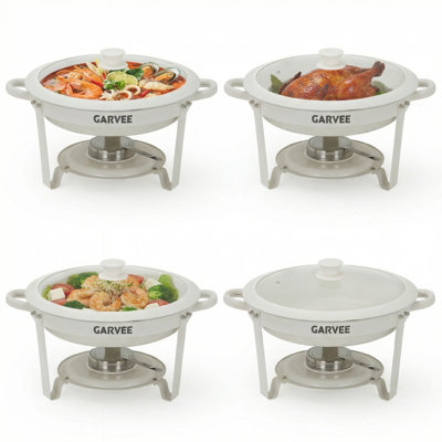 Maifanite Stone-Coated Round Chafing Dish Set - 5QT Nonstick Buffet Food Warmers, Glass Lids & Silicone Seals, Stackable Stainless Steel Bain Marie Serving Dishes - 4-Piece Set
