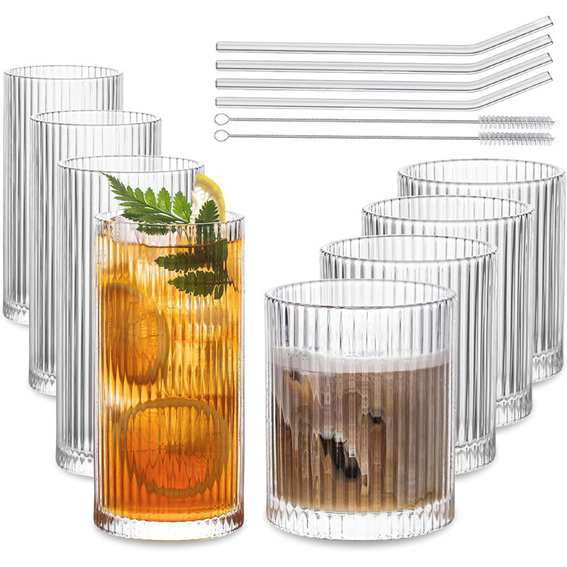 Ensemble de 8 verres rétro - 4 verres à gin 12 oz, 4 verres à whisky 14 oz, verres à cocktail en verre côtelé, idéaux pour le vin, le jus, l'eau, la tasse à café glacée, le whisky, les verres mixtes