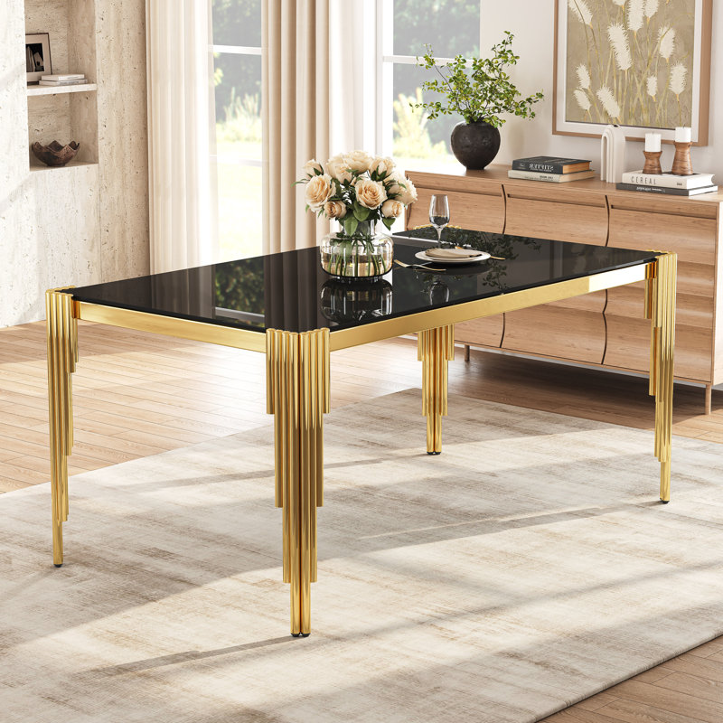 65" Glass Dining Set Of 7, Modern Rectangular Tempered Glass Table With Irregular Round Tube Stainless Steel Legs And 6 Velvet Upholstered Dining Chairs With Nailhead Trim