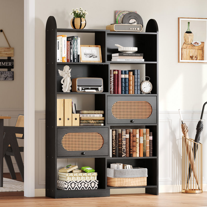 70.63"H x 35.4"W Bookcase With 2 Rattan Flip-Top Cabinets, 8-Cube Storage Shelves For Display And Organizing, Bookshelf For Living Room