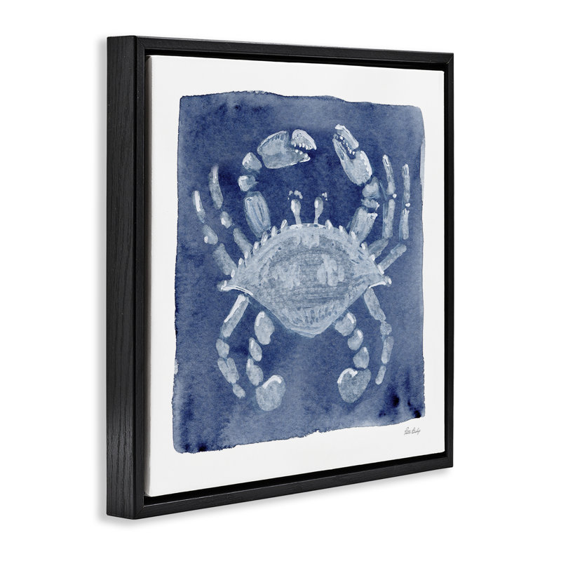 Crabe blanc sur cadre flottant indigo, design par Patti Bishop, Cadre flottant noir de jais, H 18 po x l 18 po