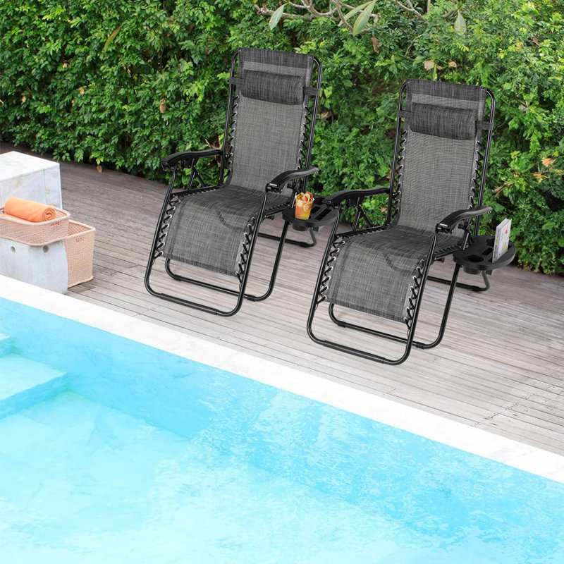 Zero Gravity Chair Set of 2, Outdoor Folding Lounge W/Detachable Headrest & Holder Tray, Adjustable PVC-coated polyester Lawn Reclining, No Assembly Required, for Patio, Backyard, Garden, Poolside,